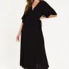 Women's Maxi Dress with Kimono Sleeves, V Neck, and Tie Waist - Black Liquorish