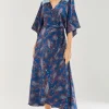 Women's Maxi Dress with Kimono Sleeves and Blue Lace Details in Navy Floral Print - Liquorish