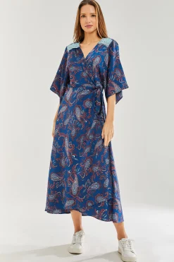 Women's Maxi Dress with Kimono Sleeves and Blue Lace Details in Navy Floral Print - Liquorish