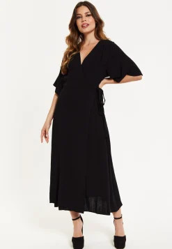 Women's Maxi Dress with Kimono Sleeves, V Neck, and Tie Waist - Black Liquorish