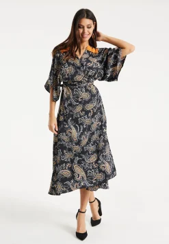 Women’s Maxi Dress with Kimono Sleeves and Orange Lace, Black Floral Print Wrap Design, Elegant Style by Liquorish