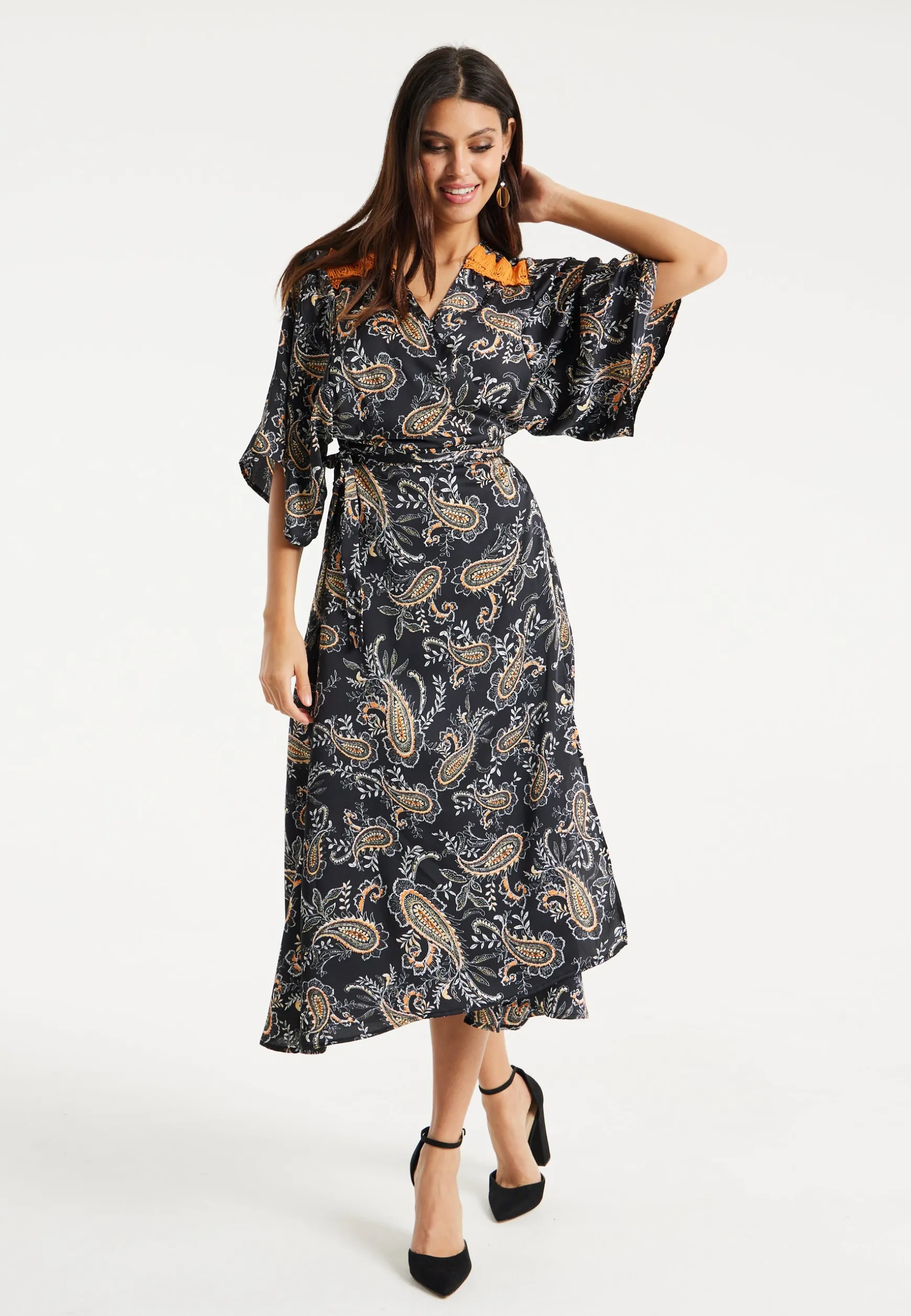 Women’s Maxi Dress with Kimono Sleeves and Orange Lace, Black Floral Print Wrap Design, Elegant Style by Liquorish