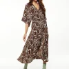 Women's Maxi Dress with Kimono Sleeves in Brown - Scribble Print Wrap Style by Liquorish