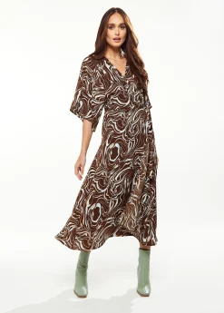 Women's Maxi Dress with Kimono Sleeves in Brown - Scribble Print Wrap Style by Liquorish