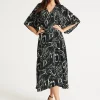 Women’s Maxi Dress with Kimono Sleeves in Black - Flattering Wrap Design and Unique Scribble Print by Liquorish