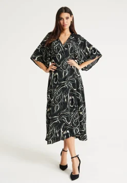 Women’s Maxi Dress with Kimono Sleeves in Black - Flattering Wrap Design and Unique Scribble Print by Liquorish