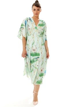 Women's Maxi Dress with Kimono Sleeves in Mint Green - Flattering Wrap Style and Charming Bird Print by Liquorish
