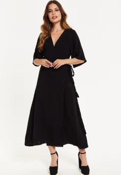 Women's Maxi Dress with Kimono Sleeves, V Neck, and Tie Waist - Black Liquorish