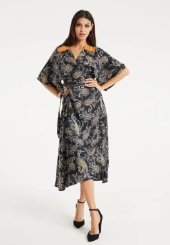Women’s Maxi Dress with Kimono Sleeves and Orange Lace, Black Floral Print Wrap Design, Elegant Style by Liquorish