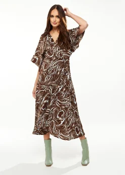 Women's Maxi Dress with Kimono Sleeves in Brown - Scribble Print Wrap Style by Liquorish