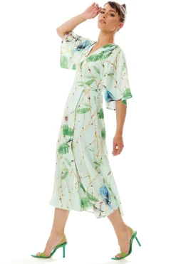 Women's Maxi Dress with Kimono Sleeves in Mint Green - Flattering Wrap Style and Charming Bird Print by Liquorish