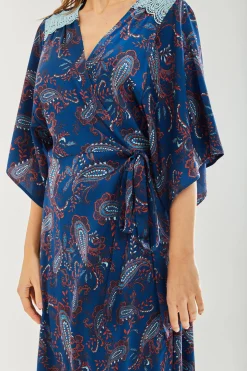 Women's Maxi Dress with Kimono Sleeves and Blue Lace Details in Navy Floral Print - Liquorish