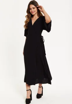 Women's Maxi Dress with Kimono Sleeves, V Neck, and Tie Waist - Black Liquorish