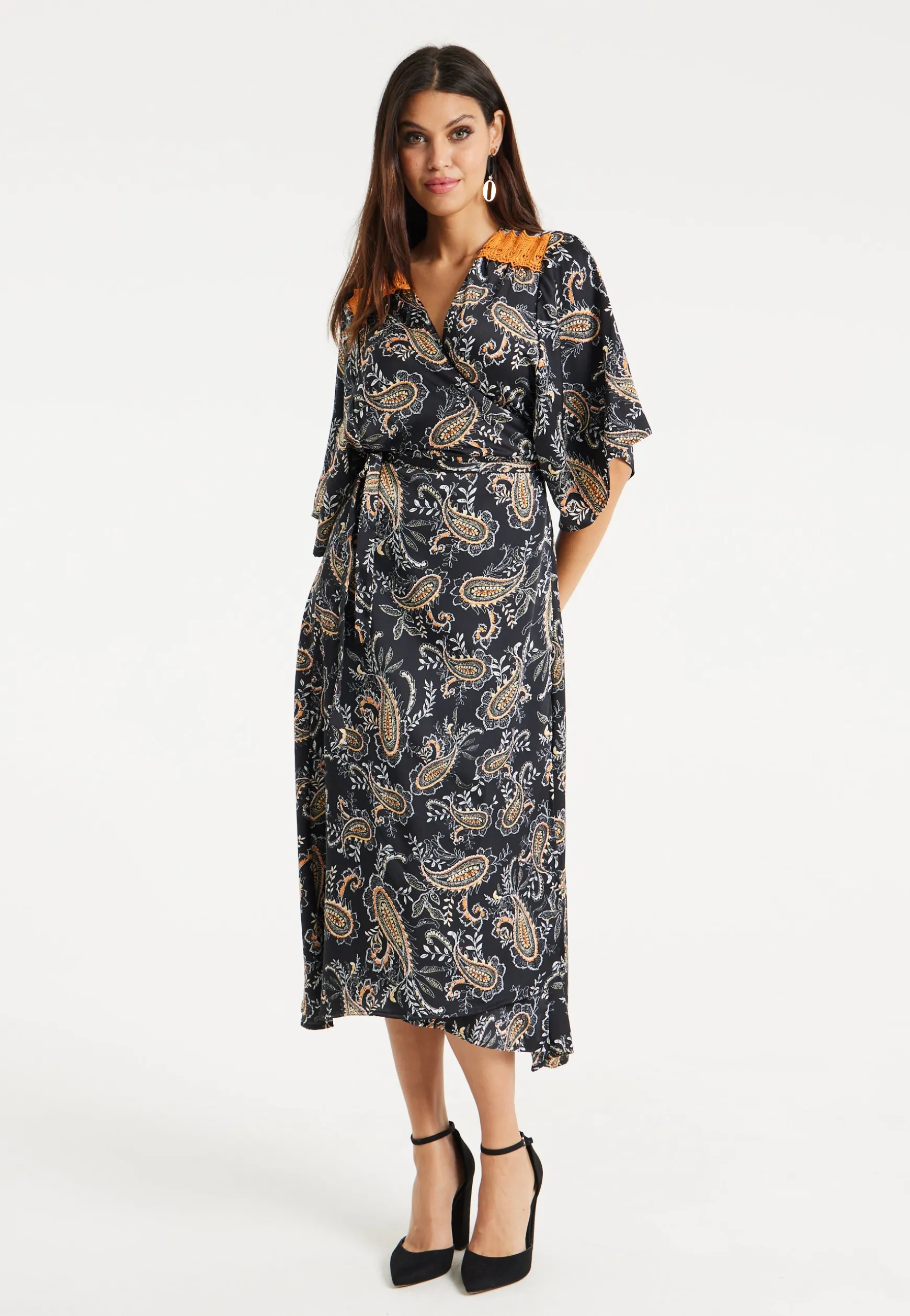 Women’s Maxi Dress with Kimono Sleeves and Orange Lace, Black Floral Print Wrap Design, Elegant Style by Liquorish