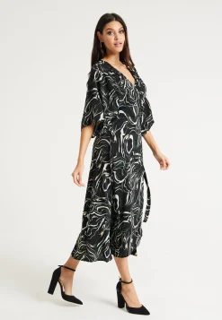 Women’s Maxi Dress with Kimono Sleeves in Black - Flattering Wrap Design and Unique Scribble Print by Liquorish