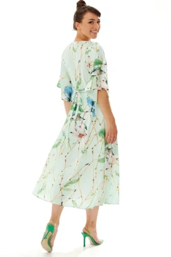 Women's Maxi Dress with Kimono Sleeves in Mint Green - Flattering Wrap Style and Charming Bird Print by Liquorish