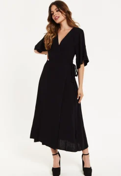 Women's Maxi Dress with Kimono Sleeves, V Neck, and Tie Waist - Black Liquorish
