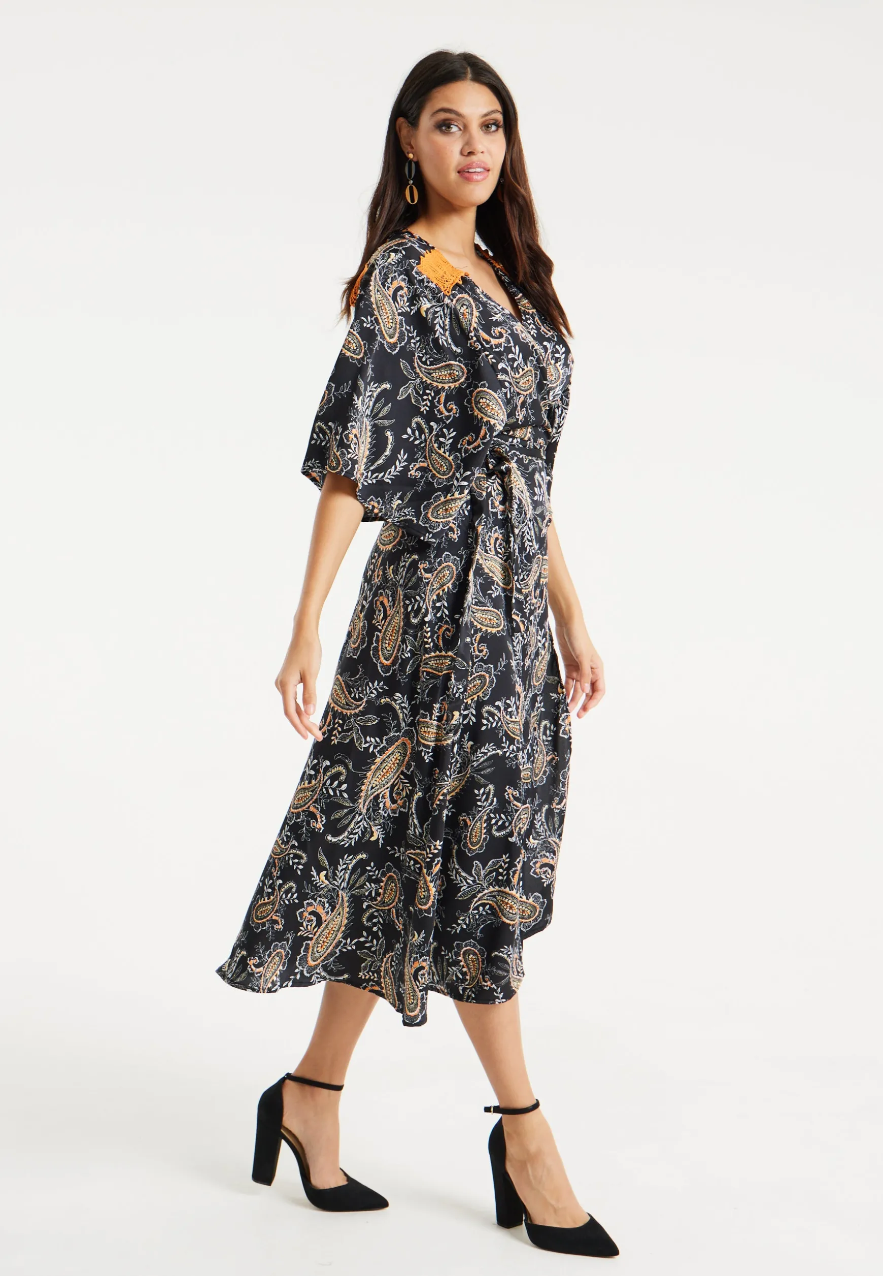 Women’s Maxi Dress with Kimono Sleeves and Orange Lace, Black Floral Print Wrap Design, Elegant Style by Liquorish