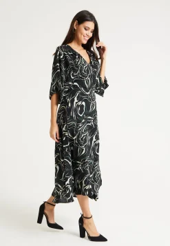 Women’s Maxi Dress with Kimono Sleeves in Black - Flattering Wrap Design and Unique Scribble Print by Liquorish