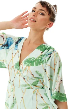 Women's Maxi Dress with Kimono Sleeves in Mint Green - Flattering Wrap Style and Charming Bird Print by Liquorish
