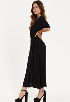 Women's Maxi Dress with Kimono Sleeves, V Neck, and Tie Waist - Black Liquorish