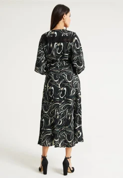 Women’s Maxi Dress with Kimono Sleeves in Black - Flattering Wrap Design and Unique Scribble Print by Liquorish