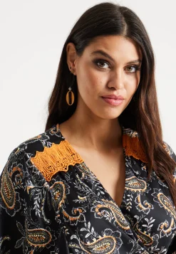 Women’s Maxi Dress with Kimono Sleeves and Orange Lace, Black Floral Print Wrap Design, Elegant Style by Liquorish