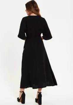Women's Maxi Dress with Kimono Sleeves, V Neck, and Tie Waist - Black Liquorish