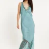 Women's Maxi Dress with Lace Detail V-Neck and Short Sleeves in Sage Blue - Liquorish