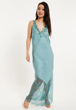 Women's Maxi Dress with Lace Detail V-Neck and Short Sleeves in Sage Blue - Liquorish