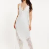 Women's Maxi Dress with Lace Detail, Deep V-Neck, Flowing Sleeves in White - Liquorish