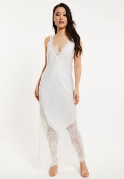 Women's Maxi Dress with Lace Detail, Deep V-Neck, Flowing Sleeves in White - Liquorish