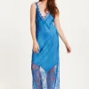 Women's Maxi Dress with Lace Detail, Deep V-Neck, and Ankle Length in Blue - Liquorish