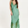 Women's Maxi Dress with Lace Details, Deep V-Neck, Sleeveless in Dark Green - Liquorish