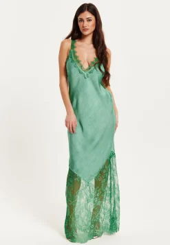 Women's Maxi Dress with Lace Details, Deep V-Neck, Sleeveless in Dark Green - Liquorish