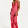 Women's Maxi Dress with Lace Detail and Deep V-Neck in Red, Regular to Loose Fit, Short Sleeves - Liquorish
