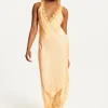 Women's Maxi Dress with Lace Detail, Deep V-Neck, Flowing Silhouette in Orange - Liquorish