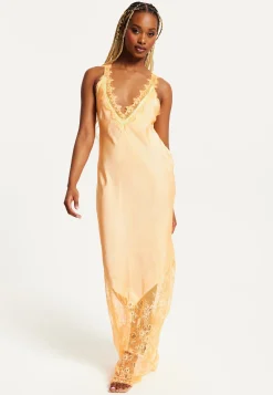 Women's Maxi Dress with Lace Detail, Deep V-Neck, Flowing Silhouette in Orange - Liquorish