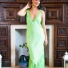 Women's Maxi Dress with Lace Detailing, Deep V-Neck and Sleeveless Design in Green - Liquorish