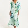 Women's Maxi Dress with Lace Details, V Neck, Flowy Mint Green Bird and Floral Print, Regular Fit, Liquorish