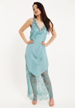 Women's Maxi Dress with Lace Detail V-Neck and Short Sleeves in Sage Blue - Liquorish