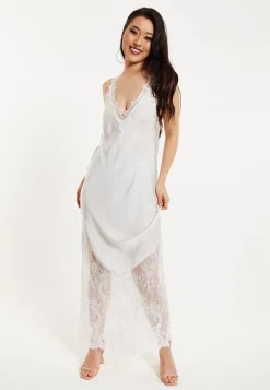 Women's Maxi Dress with Lace Detail, Deep V-Neck, Flowing Sleeves in White - Liquorish