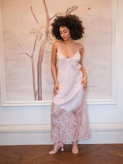 Women's Maxi Dress with Lace Detail V-Neck and Sleeveless Design in Rose Pink - Liquorish