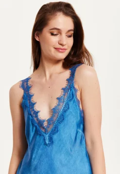 Women's Maxi Dress with Lace Detail, Deep V-Neck, and Ankle Length in Blue - Liquorish