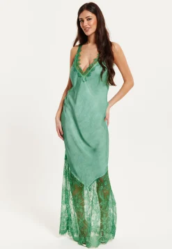 Women's Maxi Dress with Lace Details, Deep V-Neck, Sleeveless in Dark Green - Liquorish