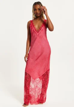 Women's Maxi Dress with Lace Detail and Deep V-Neck in Red, Regular to Loose Fit, Short Sleeves - Liquorish