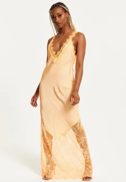 Women's Maxi Dress with Lace Detail, Deep V-Neck, Flowing Silhouette in Orange - Liquorish