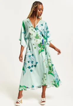 Women's Maxi Dress with Lace Details, V Neck, Flowy Mint Green Bird and Floral Print, Regular Fit, Liquorish