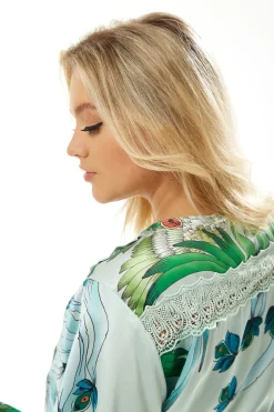 Women's Maxi Dress with Lace Details, V Neck, Flowy Mint Green Bird and Floral Print, Regular Fit, Liquorish