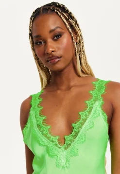 Women's Maxi Dress with Lace Detailing, Deep V-Neck and Sleeveless Design in Green - Liquorish